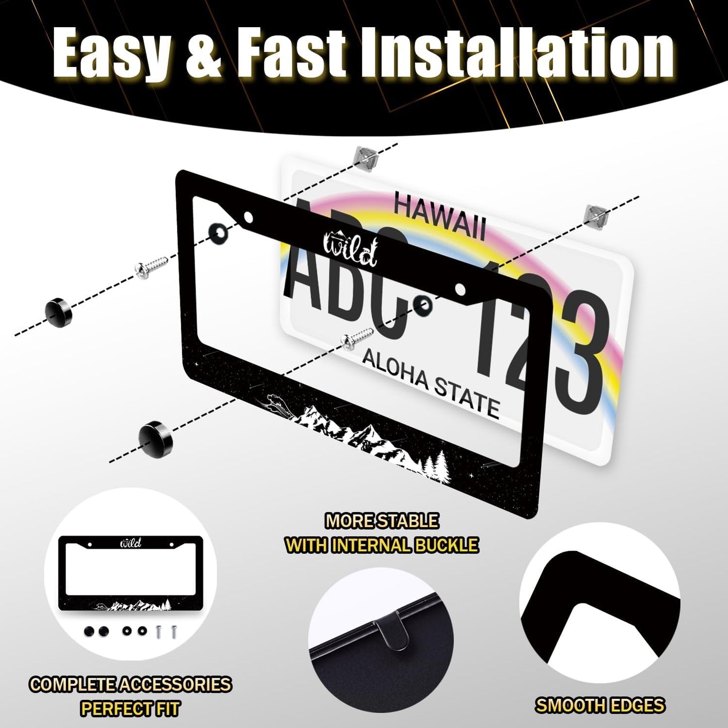 Mountains License Plate Frame Ocean Waves Forest Starry Sky License Plate Stainless Steel Mountain Car Accessory Funny License Plate Decoration Men Women Size 12.2" x 6.2" with Screw