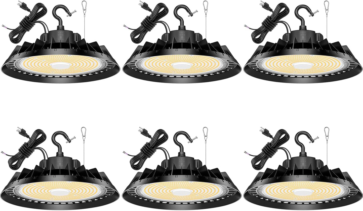 6Pack LED High Bay Lights, Super Bright 200W UFO High Bay LED Shop Lights, 30000LM 5000K, 0-10V Dimmable, 5' Cable Plug, IP65 Waterproof, ETL Listed Plug & Play Lighting for Gym Factory Warehouse