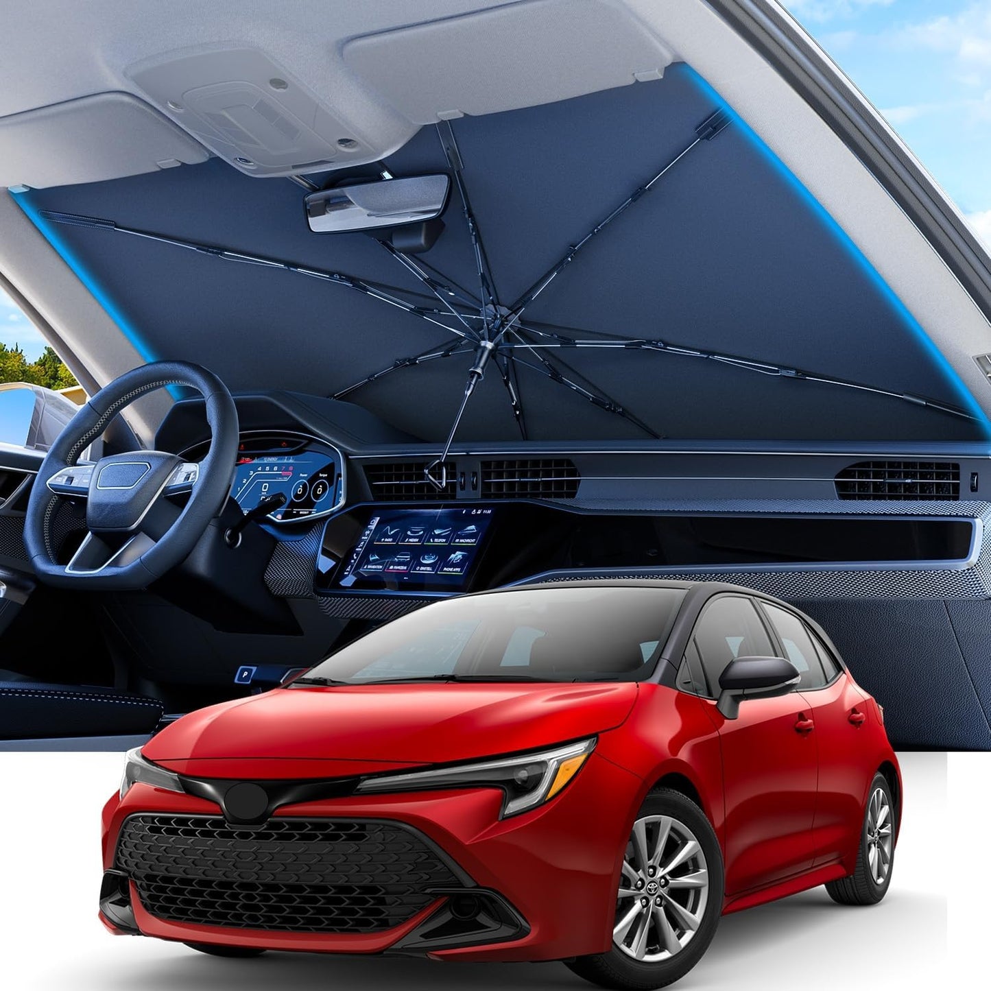 REEVAA 2025 Upgraded Car Windshield Sun Shade Umbrella [100% Sun Protection & Keep Cool] Protect Interior, 360° Flex Handle Sun Shield Sunshade, Small (53''x29'') for Sedans