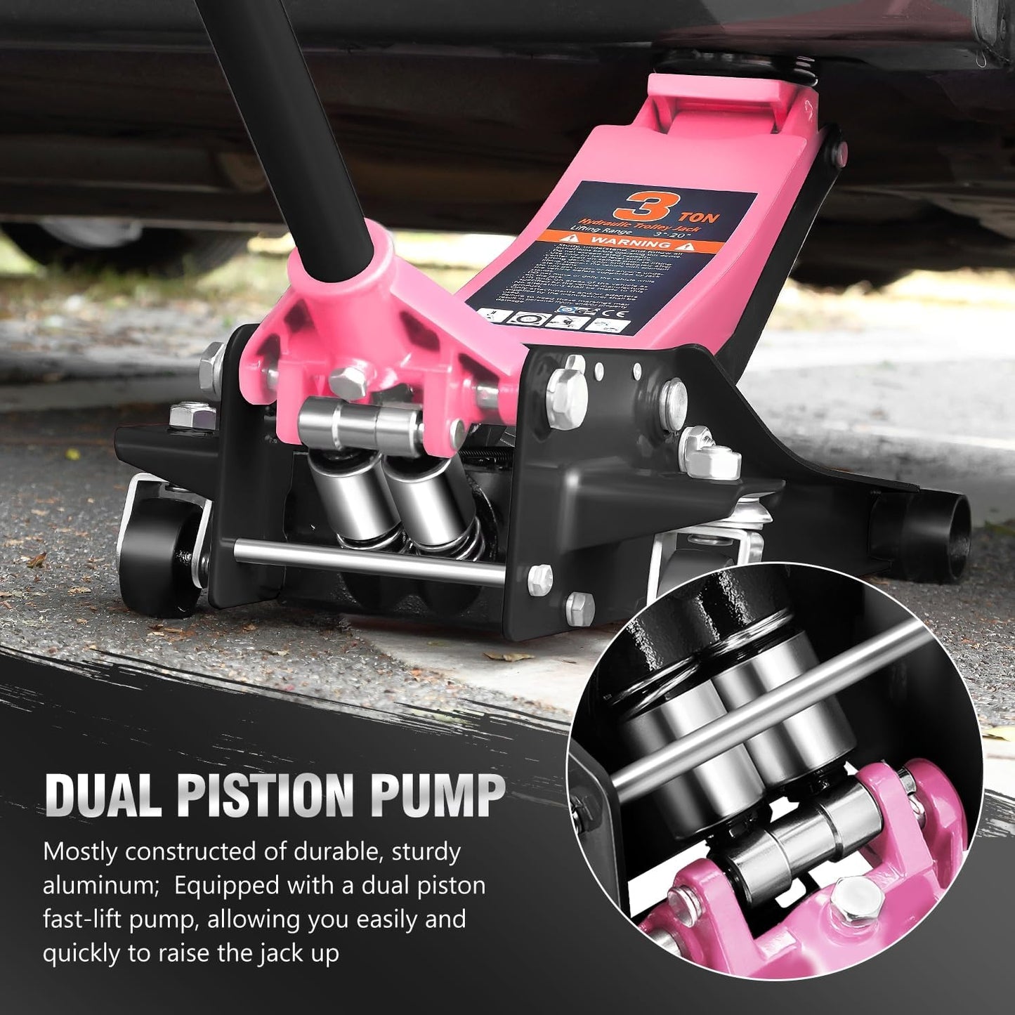 DNA MOTORING Low Profile Hydraulic Trolley Service/Floor Jack, 3 Ton (6000 lbs) Capacity, Lifting Range 3"-20", Pink, TOOLS-00475-PK