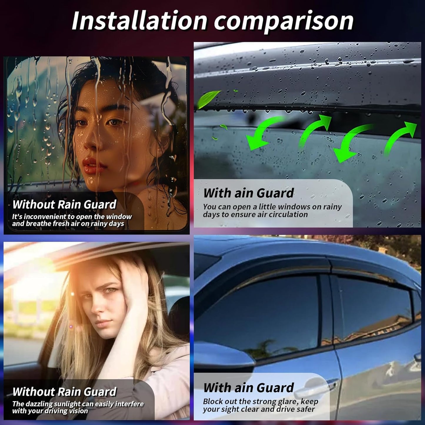 Rain Guards Side Window Visor Vent Outside Mount, 4PCS Fits for Honda Civic 4 Door Sedan 2016 2017 2018 2019 2020 2021 Model Only