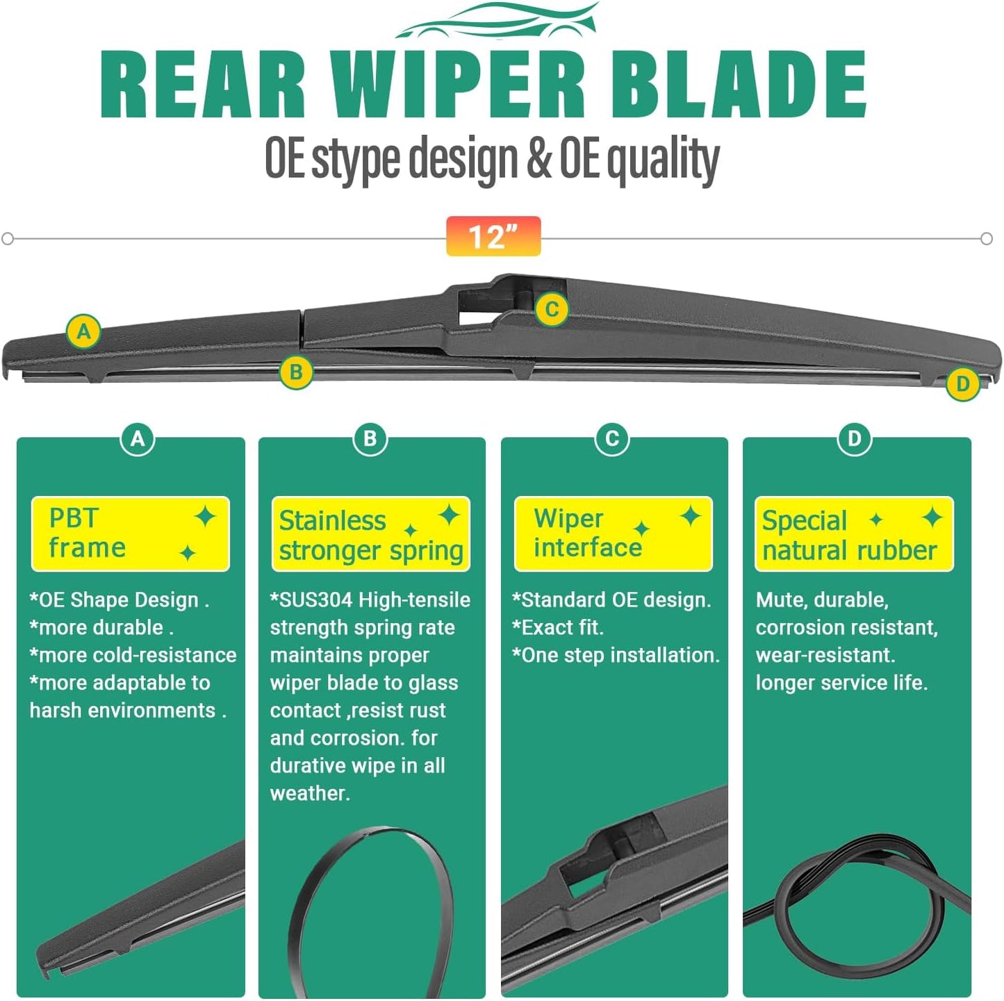 26" 22" 12" Windshield Wiper Blades Replacement for Toyota Venza 2009 2010 2011 2012 2013 2014 2015 2016 Premium All Weather Front Rear Wipers Set - OEM Quality (Pack of 3)