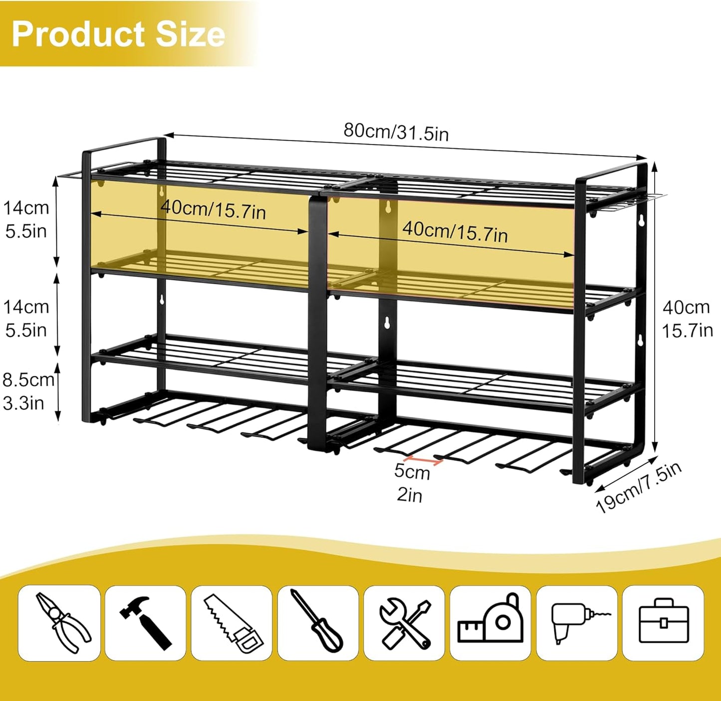 Metal Power Tool Organizer,Space-Saving Wall-Mounted Power Tool Rack,Holds 8 Drills + 4-Tier Storage,Durable Steel Construction for Garage, Workshop and Shed Organization