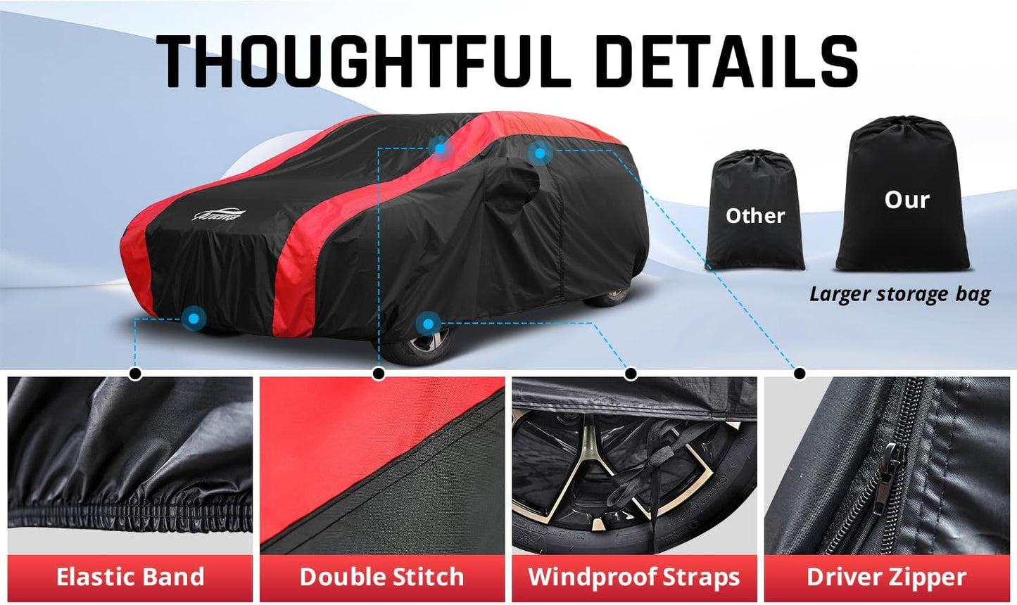 SUV Cover Waterproof All Weather Protection with Red Stripe Design, Car Cover Universal Fit Ford Explorer, Toyota Highlander, Honda Pilot, Dodge Durango, BMW X5 X6, Lexus RX350