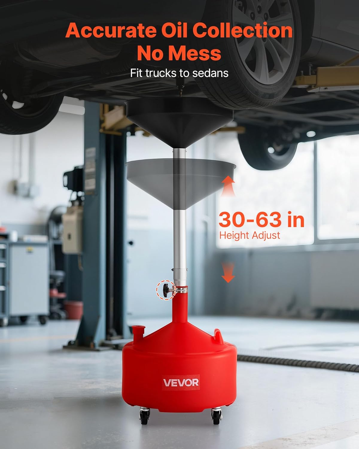 VEVOR 8 Gallon Waste Oil Drain Tank, Industrial Fluid Drain Tank with Adjustable Funnel Height, Portable Oil Drainer with Wheels, Fluid Fuel Transfer Drainage for Auto Repair Shops, Garages, Red