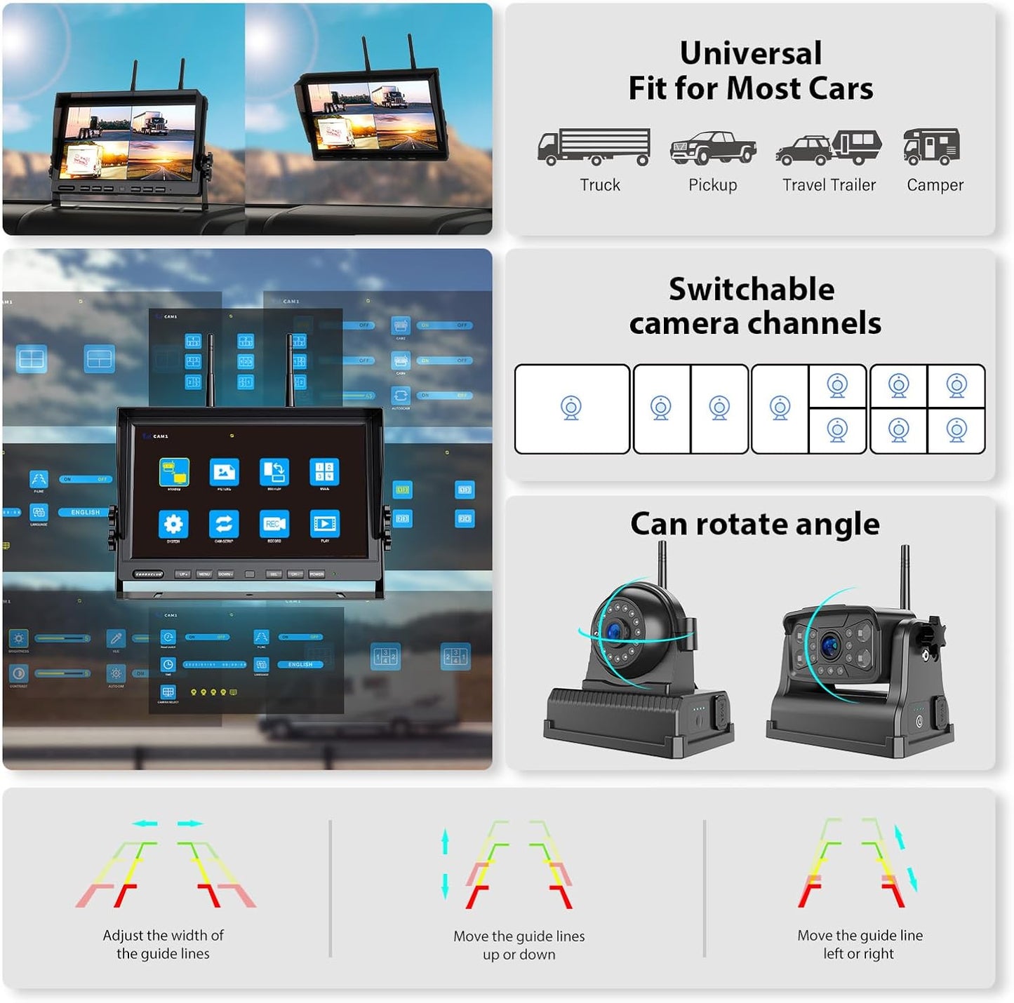Magnetic Wireless Backup Camera: 10" HD 1080P DVR Monitor with 2 Rear View 2 Side View Cameras for Travel Trailer/Fifth Wheels/RV/Camper, Portable Rechargeable Battery BC104