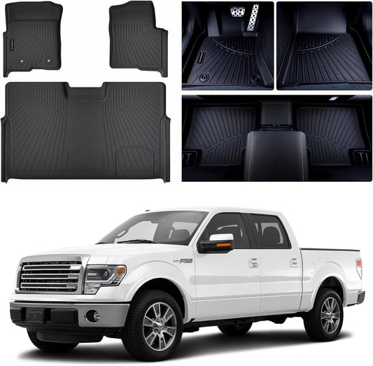 Floor Mats for Ford F-150 SuperCrew Cab 2010-2014, All-Weather Custom Fit, Front & 2nd Row, 3-Piece Set, Black
