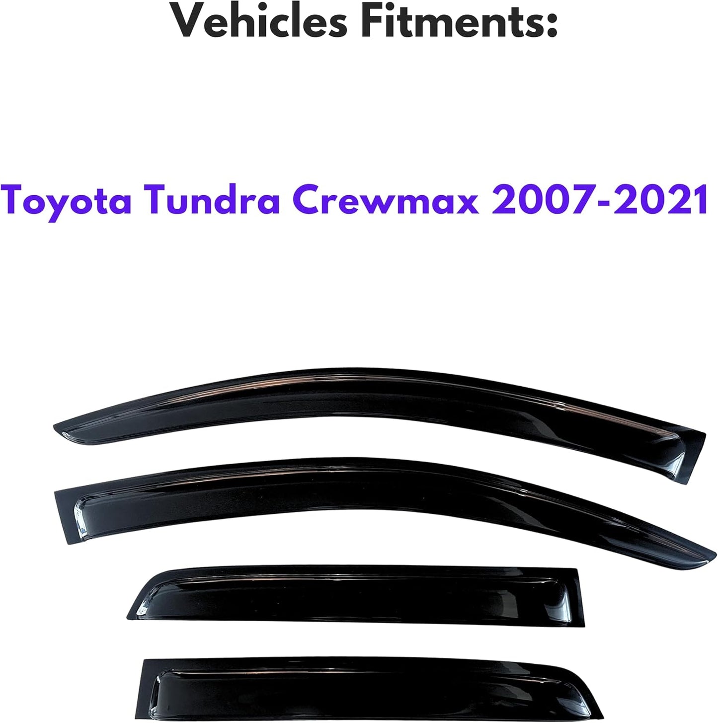 KPY Window Visor Compatible with 2007-2021 Toyota Tundra Crewmax, 4PC Rain Guard Vent Deflector Tape-On Style, 2007 2008 2009 2010 2011 2012 2013 2014 2015 2016 2017 2018 2019 2020 2021 (Crewmax Only)