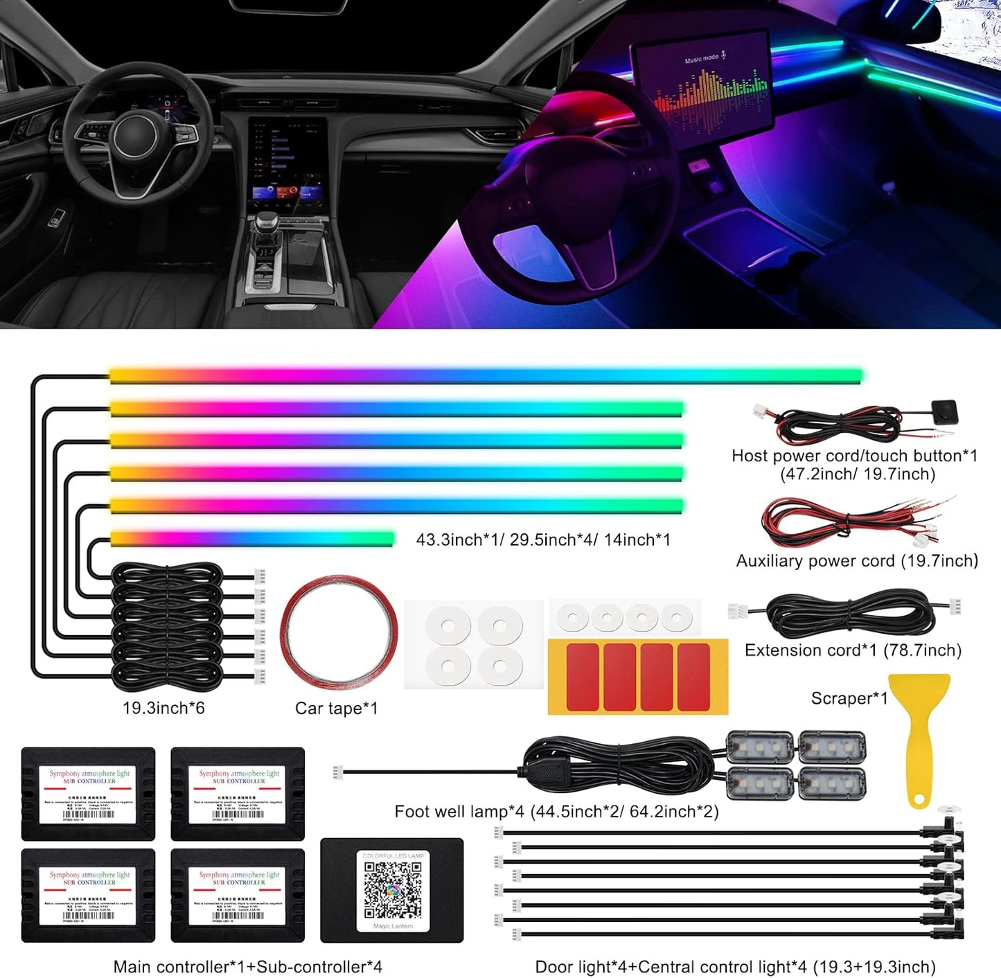 Dreamcolor Acrylic Interior Car LED Strip Light with Wireless APP, RGB 18 in 1 with 175 inches 593 LEDs Fiber Optic Ambient Lighting Kits, 16 Million Colors Sound Active Function Car Neon Lights