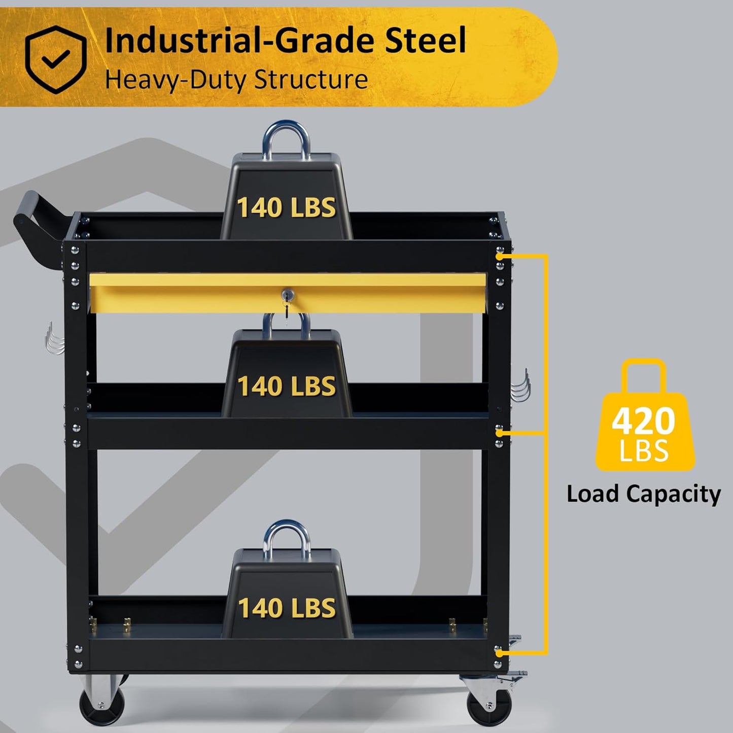 3 Tier Rolling Tool Cart on Wheels, Heavy Duty Utility Cart, Work Cart with Drawers and Pegboards, 440 LBS Loading Capacity Tool Storage Trolley for Mechanic, Garage, Workshop