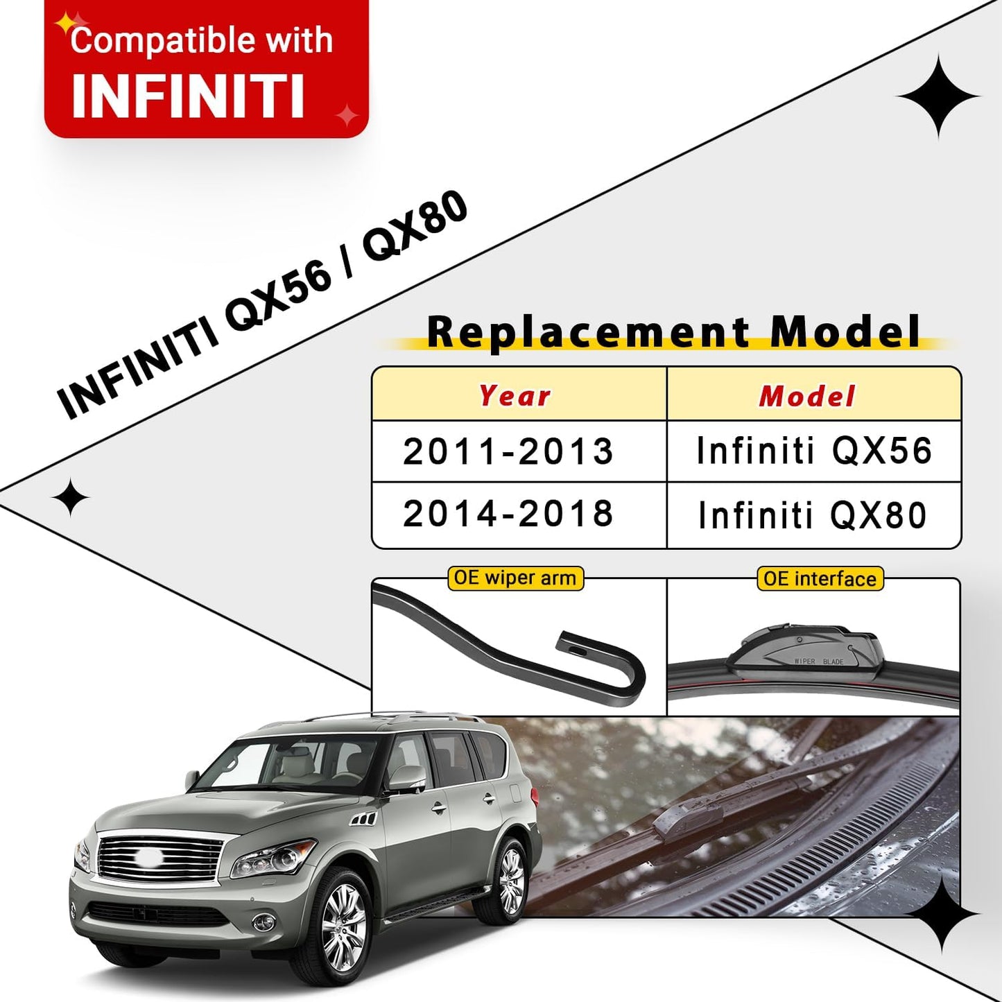 Windshield Wiper Blade Set Replacement for 2011-2013 Infiniti QX56/2014-2018 Infiniti QX80 and Rear Windshield Wiper Blade-24"/19"/10" (Set of 3) U/J HOOK