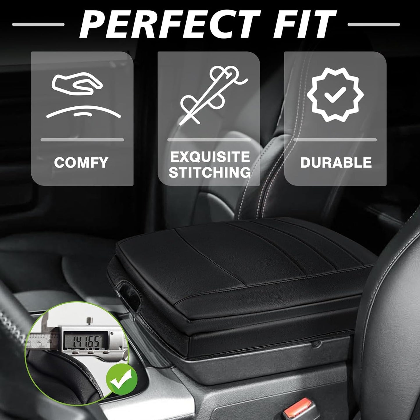 Muslogy Center Console Armrest Cover Compatible with Dodge Ram1500/2500/3500 2013-2018 Comfort Armrest Pad Arm Rest Cushion Vegan Leather Protector 1-Inch Extra Thick(Bucket Seat ONLY)