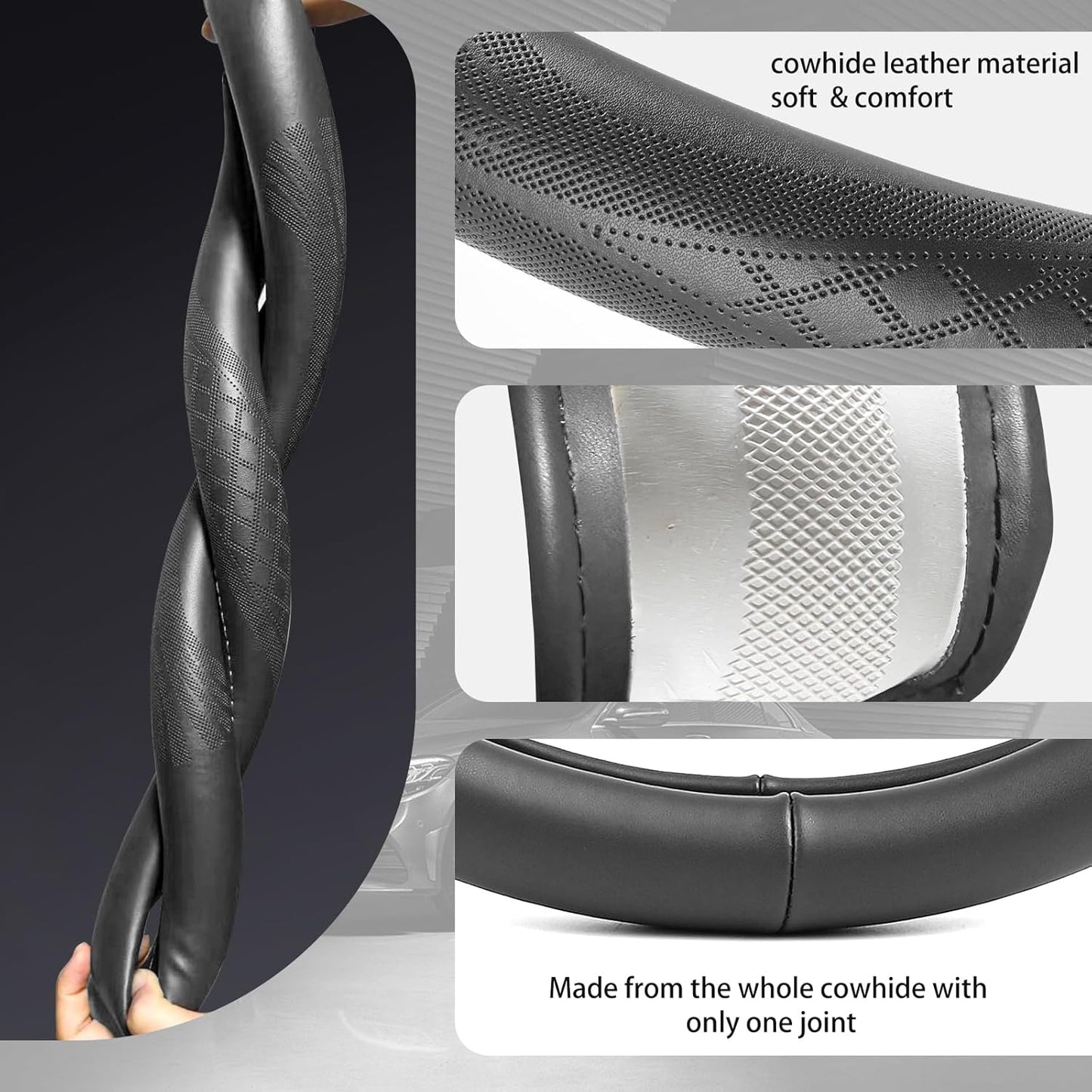 【2025 Model】 Real Cowhide Steering Wheel Cover for Men Women，Gray Genuine Leather Steering Wheel Cover for Cars,Universal 14.5-15 inch Steering Wheels,Grid & Square Motif