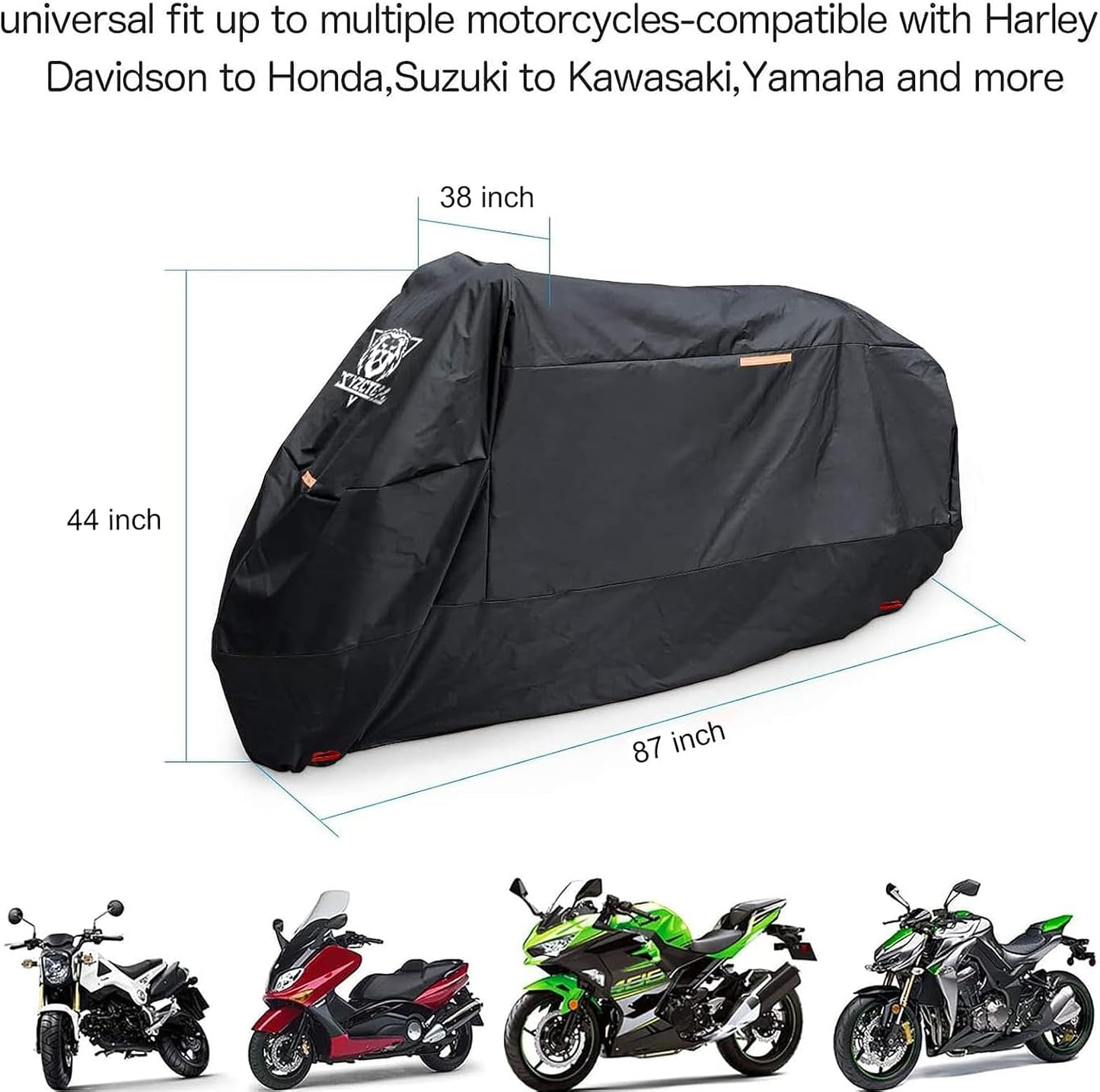 XYZCTEM Motorcycle Cover -Waterproof Outdoor Storage Bag, Made of Oxford Material Fits up to 87 inch, Compatible with Harley Davison and All Motors (Black& Lockholes& Professional Windproof Strap)