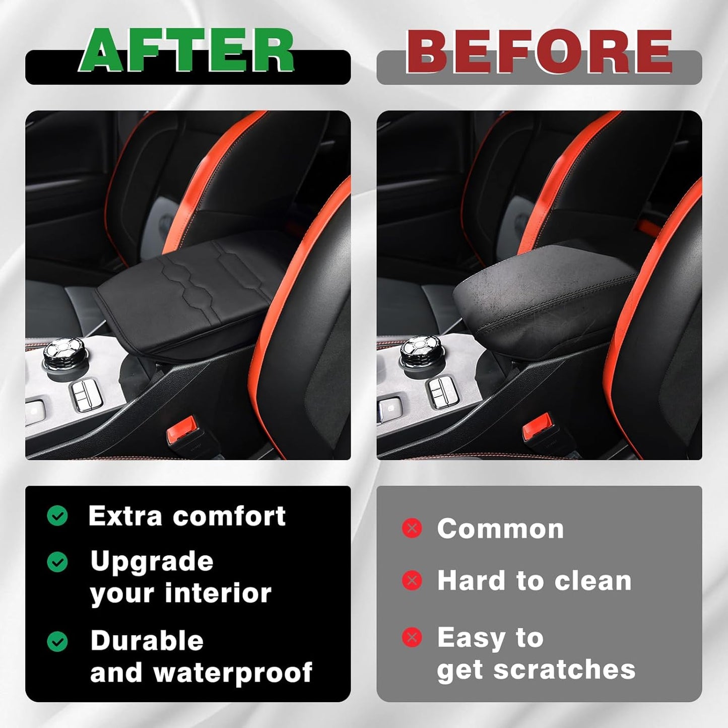 Muslogy Center Console Armrest Cover Compatible with Ford Ranger 2024 2025 Accessories Comfort Armrest Pad Cushion Box Lid Cover Vegan Leather Protector Regular Thick(Black/Black Stitching)