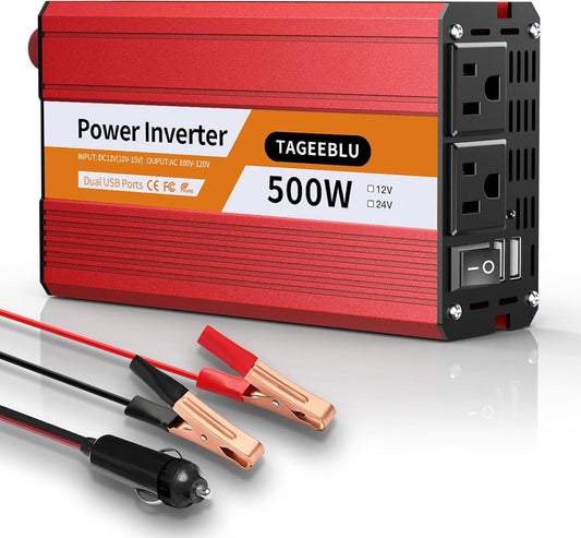 500W Power Inverter DC 12V to 110V/120V AC Car Inverter with 2 x 3.0A USB Ports and Dual AC Outlet, Equipped with 1 Cigarette Lighter and 2 Battery Clamps for Road Trip and Camping