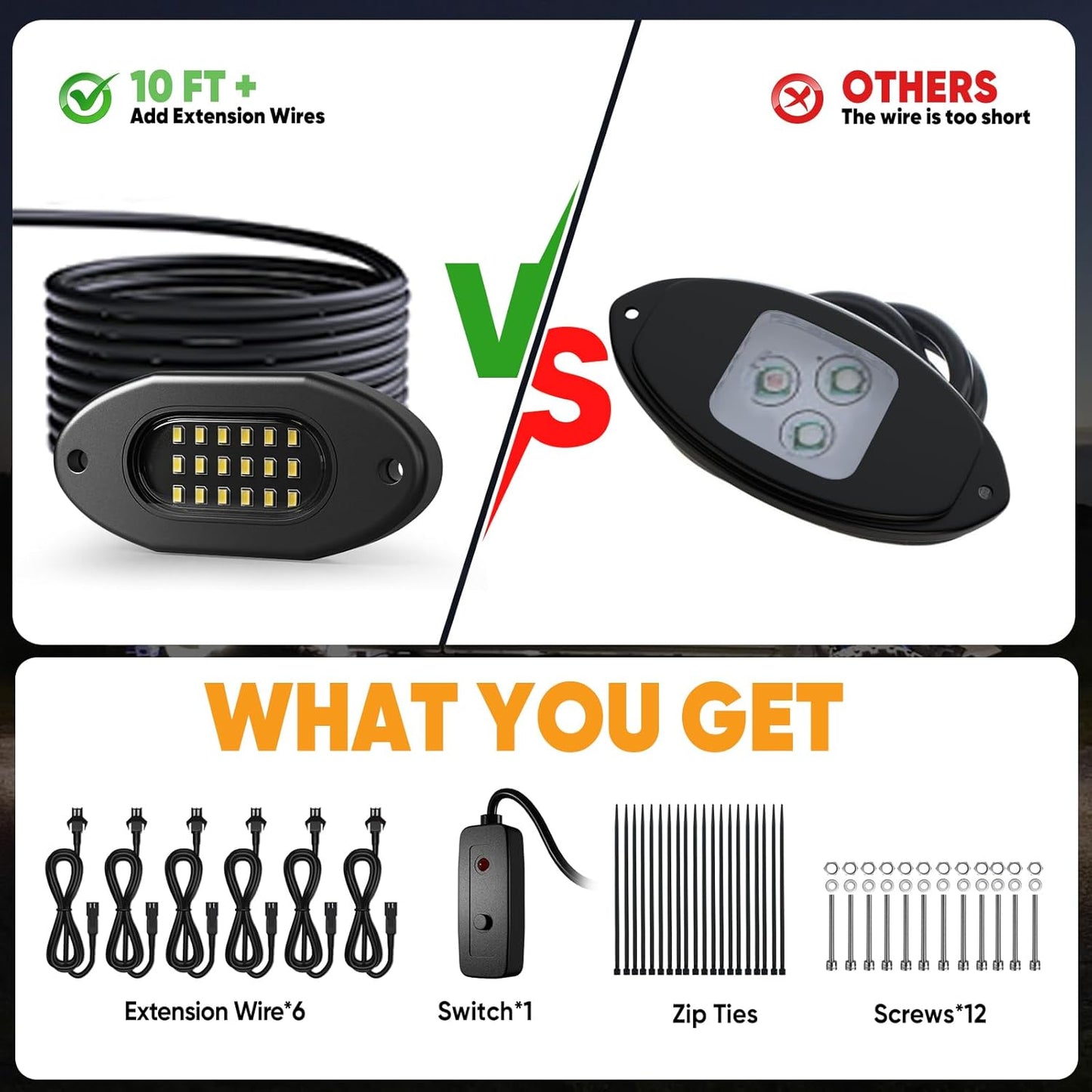 Honalia White LED Rock Lights Kits 6 Pods, 6000K Pure White Rock Lights with Switch