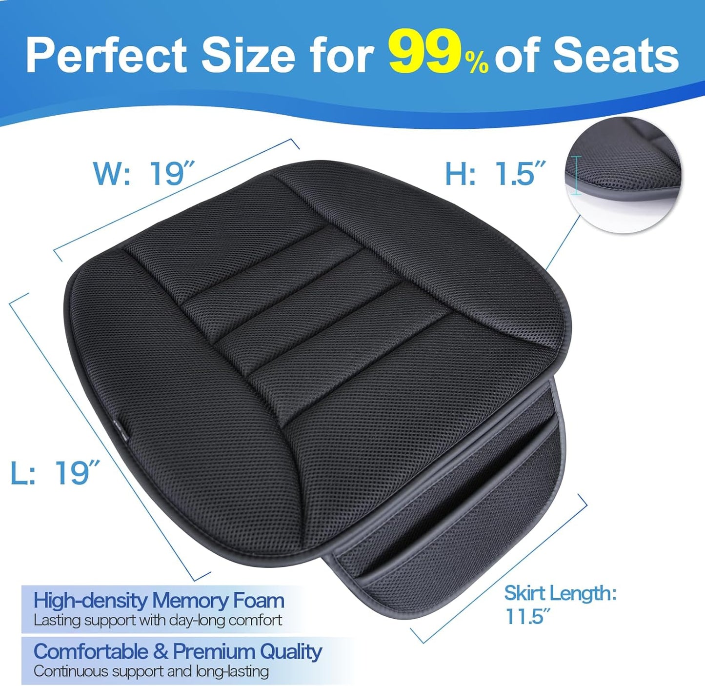 Premium Car Seat Cushion, Driver Cushion with Comfort Memory Foam & Non-Slip Rubber Bottom, Car Seat Pad Works with 95% of Vehicles and Office Chair or Home (4D Mesh - Black)