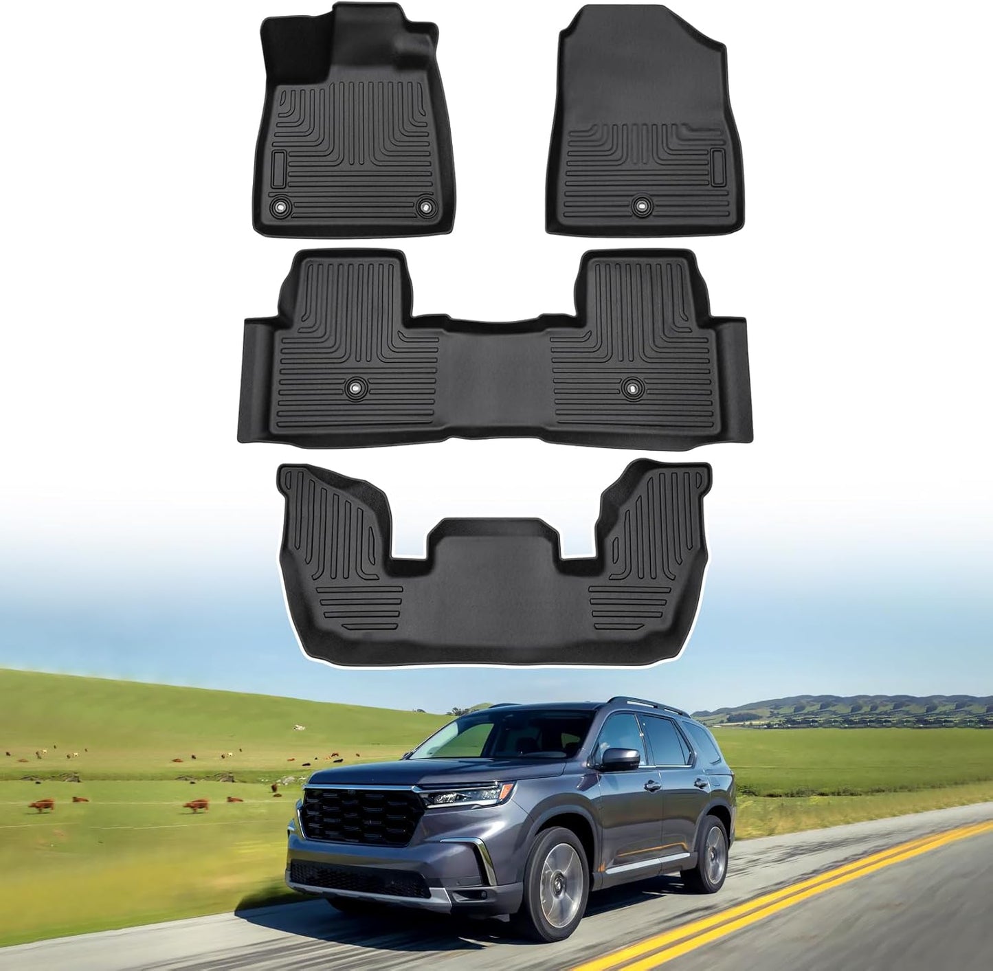 Powerty Floor Mats for 2023 2024 2025 Honda Pilot Accessories All Weather Floor Liner 3D TPE 3 Row Floor Mat Heavy-Duty Floor Liners