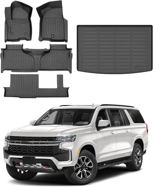 Powerty Floor Mats & Cargo Liner for 2021-2024 2025 Chevy Chevrolet Suburban/GMC Yukon XL 8 Seats Accessories Floor Mats 2 Row Liner Set All Weather TPE 3D Floor Liners&Rear Cargo Mat