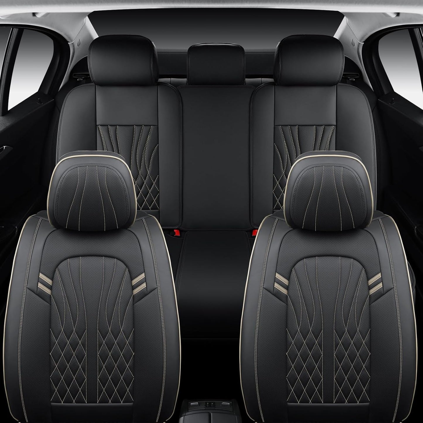 Leather Car Seat Covers 5 Pieces, Full Set Universal Seat Covers for Cars, Waterproof Nappa Leather Auto Seat Protectors, Black Car Seat Cover Most Sedans SUV Pick-up Truck Black&BeigeLine