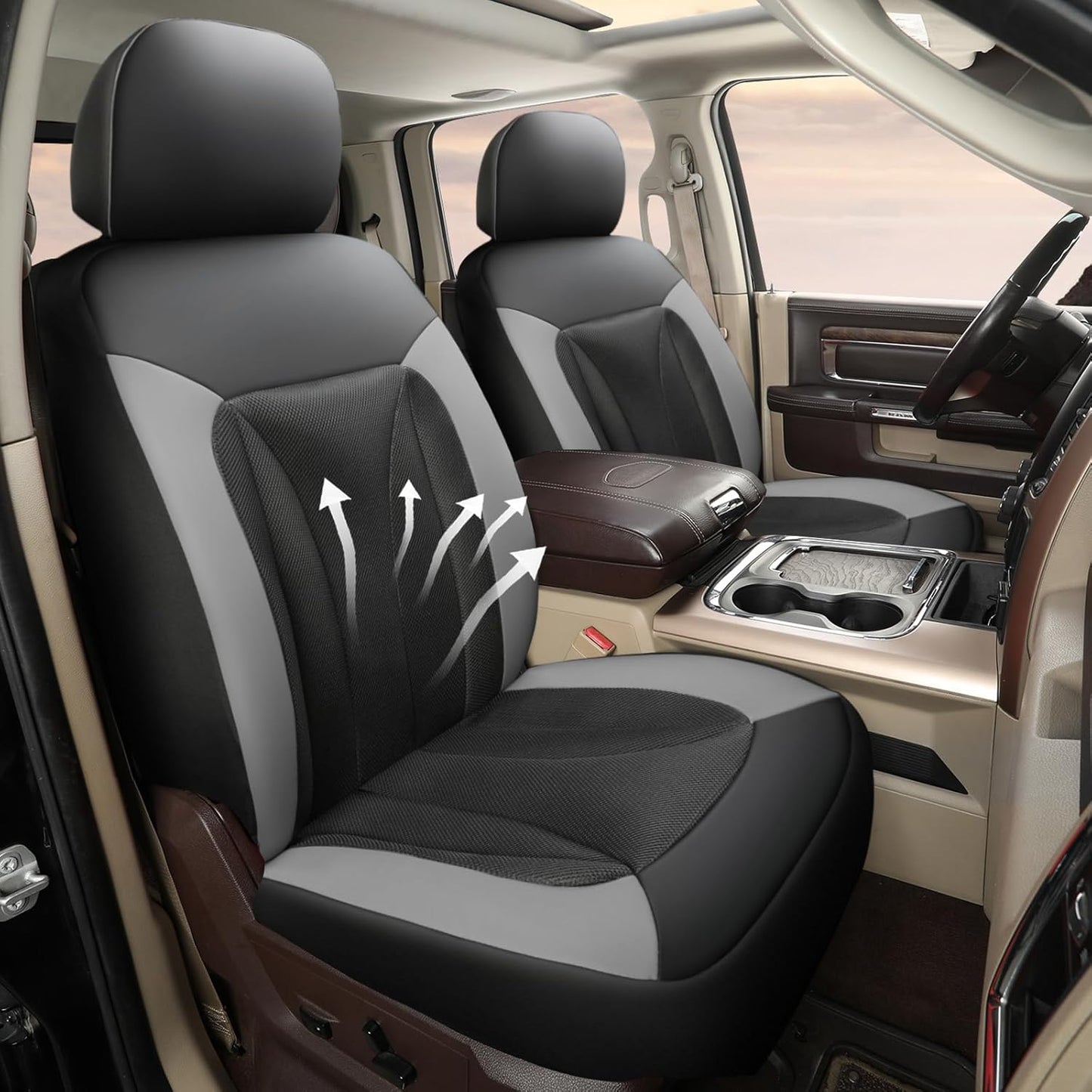 GIANT PANDA 2-Pack Front 3D Air Mesh Car Seat Covers Custom Fit Dodge Ram 1500 2500 3500 Trucks Seat Protectors with Composite Sponge Inside Breathable Automotive Interior Covers(Grey/Gray)