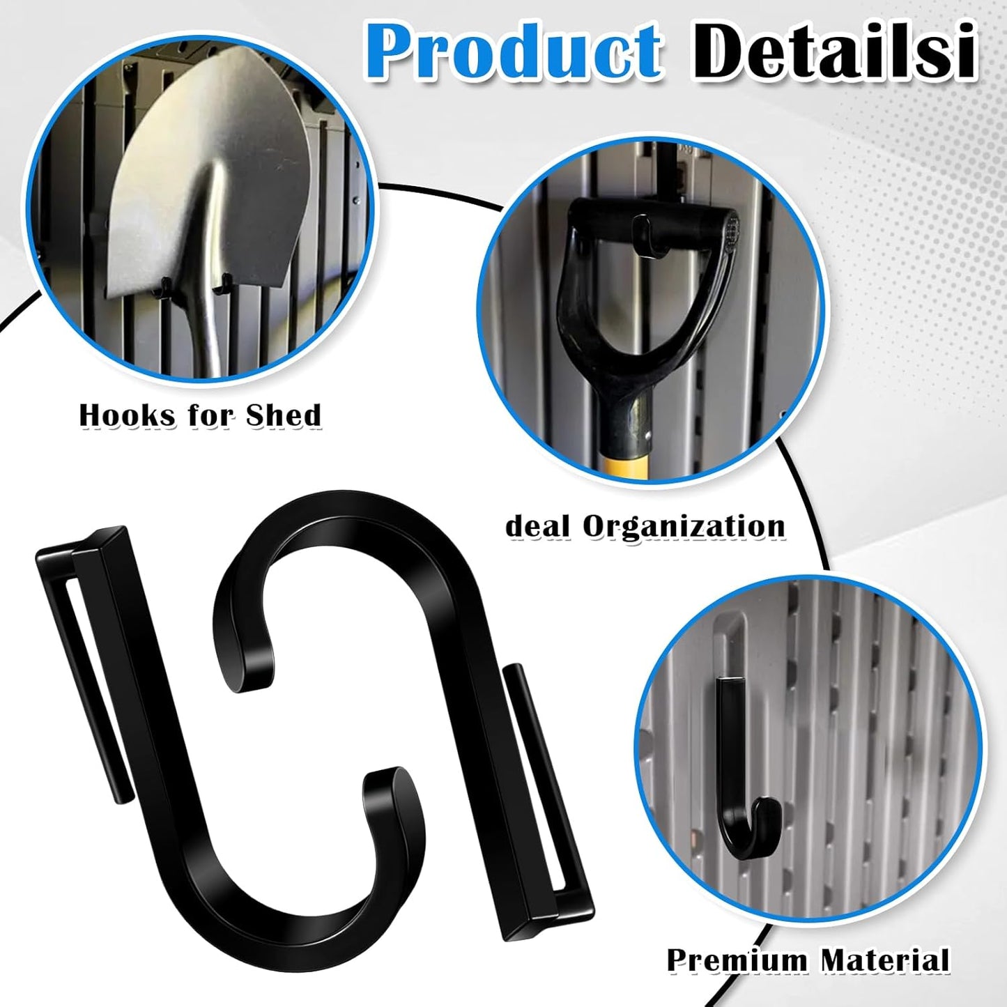 4 Pcs J Tool Hooks Plastic Multi Purpose Shed Organizer Accessories for Wall Black Shed Hanger Storage for Garage Hanging Shovel Rake Sports Equipment