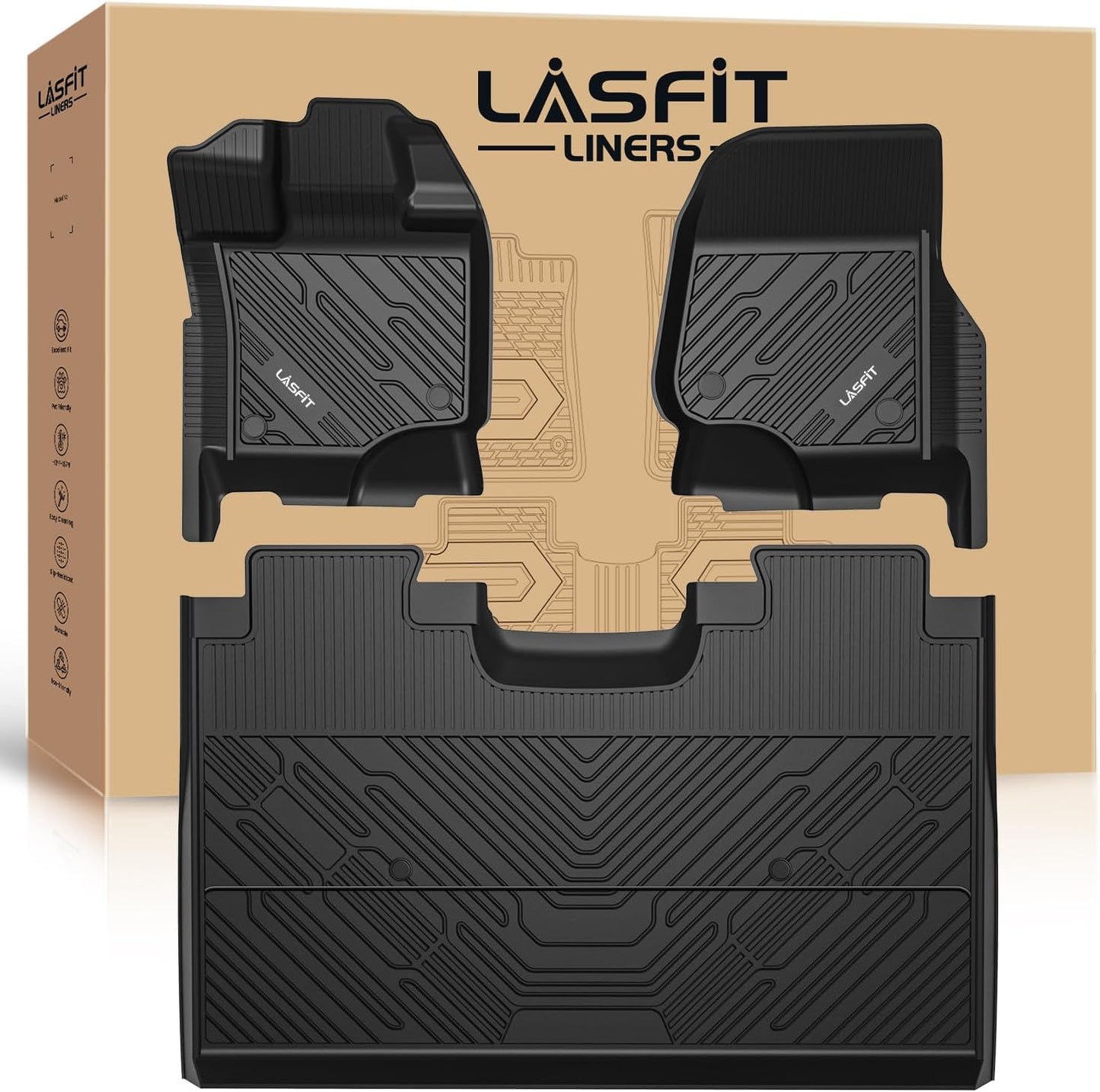 LASFIT Floor Mats for Ford F-150 2015-2025 | F150 Lightning 2022-2025 SuperCrew (Rear w/o Fold Flat Storage) Carpet Floor All Weather Protector TPE Truck Liners- 1st & 2nd Row, 3pcs Black