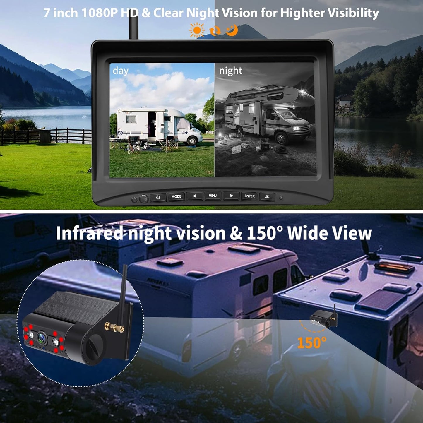 Solar Wireless Backup Camera Magnetic, 7 Inch Portable Installation RV Backup Camera, 1080P HD Rear View Camera, Rechargeable 7'' Monitor Kit for Car, IR Night Vision, 150° Wide Angle, DIY Guide Lines