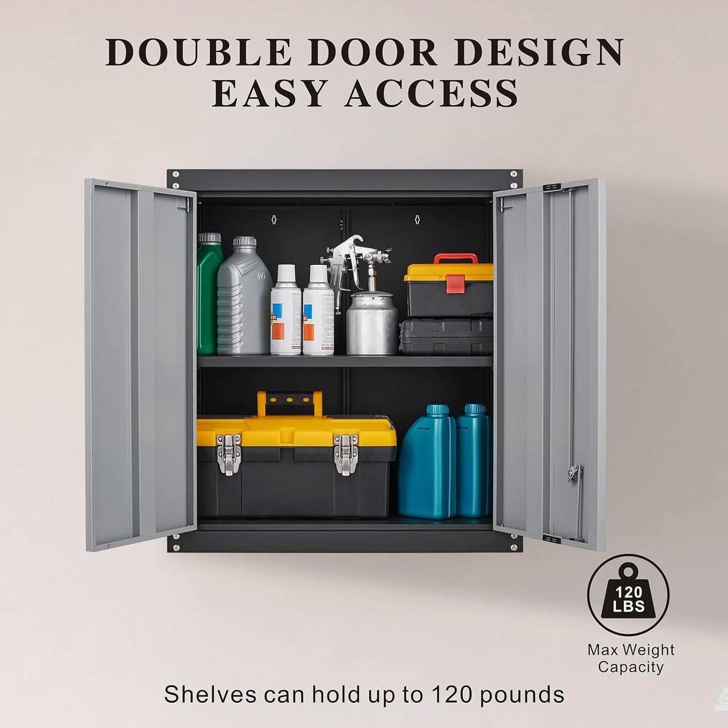 GREATMEET Lockable Storage Cabinet, Metal Garage Storage Cabinets, Metal Wall Cabinet for Garage, Wall Mount Cabinet with Lock and Adjustable Shelf, Floating, Black&Grey