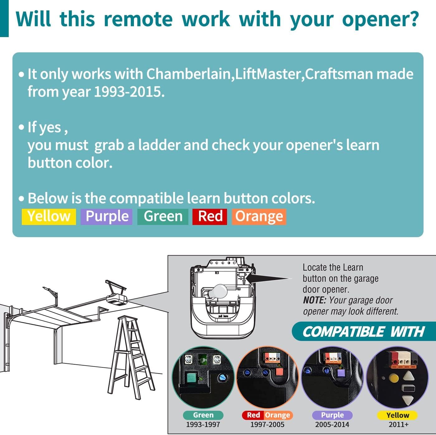 2 Garage Door Opener Remote,for LiftMaster Chamberlain Openers with Purple Yellow Green Orange Red Learn Button,893MAX 953EV/EVC,Visor Clip (3-Button)