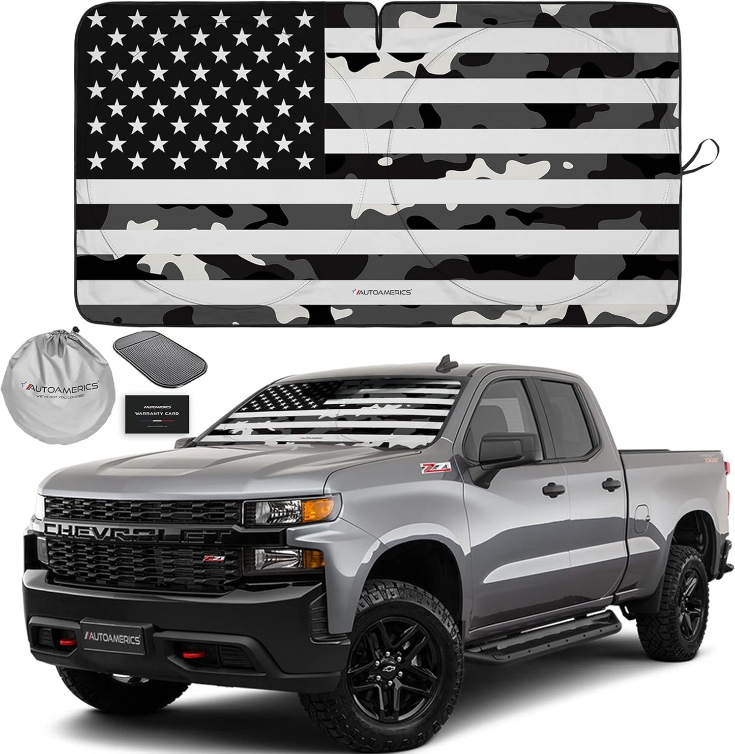 Autoamerics 1-Piece Windshield Sun Shade B&W Camo American Flag USA Design - Foldable Car Front Window Sunshade for Most Sedans SUV Truck - Blocks Max UV Rays and Keeps Your Vehicle Cool - Large