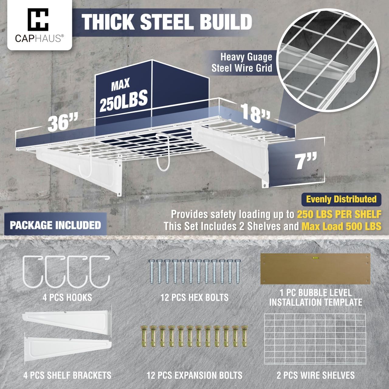 Fencer Wire 36 in. W x 18 in. D Wall Mounted Garage Shelving With 2 Hooks, White Shelf, Heavy Duty Storage System, Organizer Floating Shelves, 500lb Weight Capacity