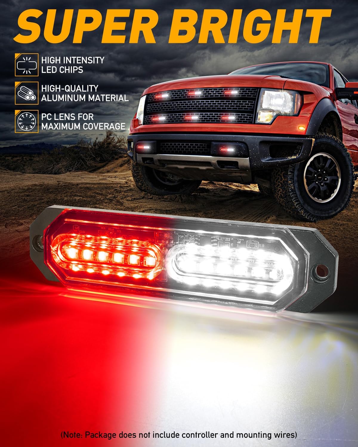 HLauto 1200T Emergency Strobe Grille Lights: 8pcs 12 LED Sync Feature Safety Warning Flashing Lights, Ultra Slim Surface Mount Hazard Caution Lights for Trucks, Vehicles, Car, ATV, UTV (Red White)