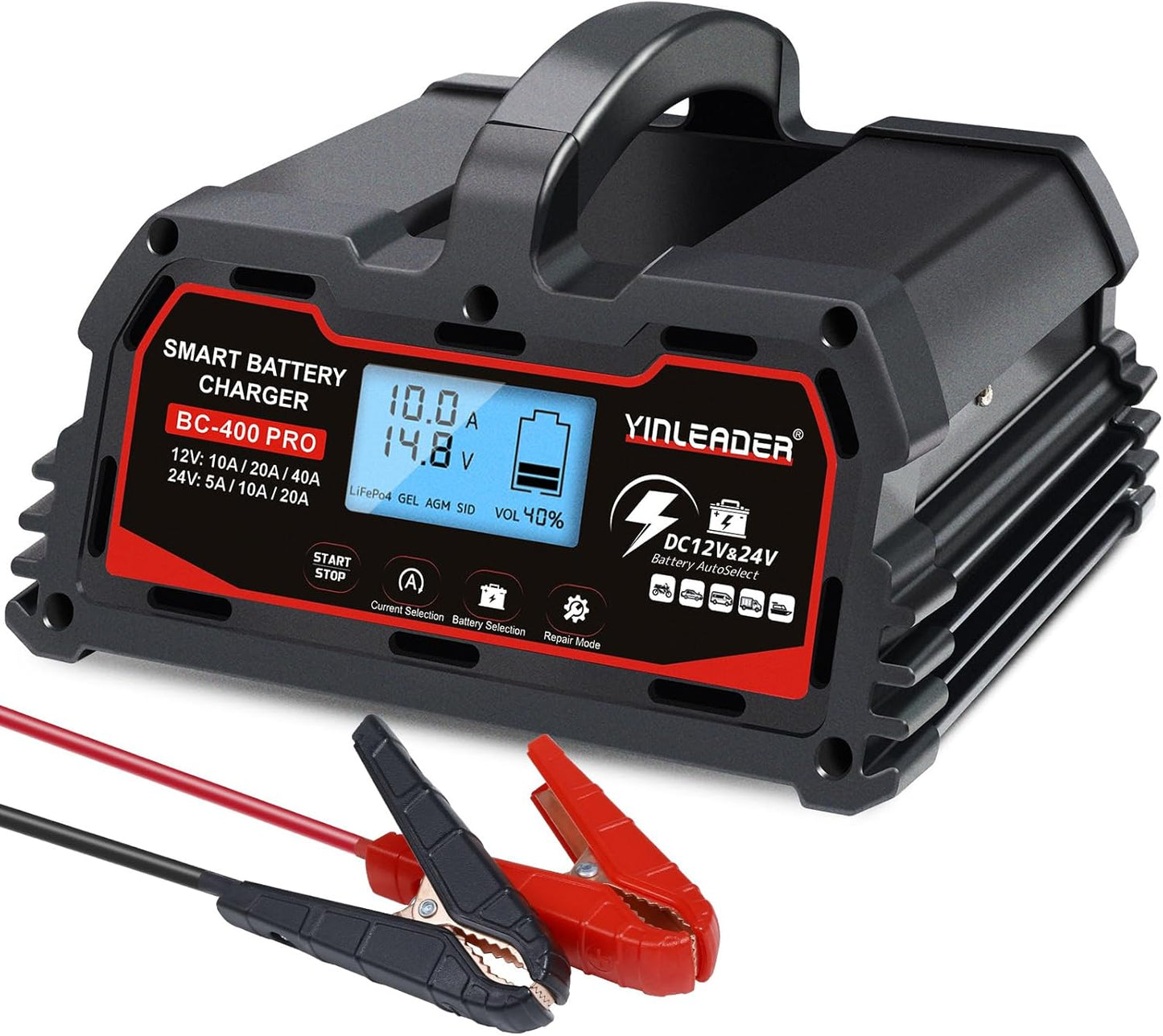Battery Charger 40A, 12V/24V Lead Acid Smart Battery Charger, 12V LiFePO4 Car Battery Trickle Charger, Automatic Battery Maintainer for Car Motorcycle Lawn Mower Marine Boat Lead Acid Batteries