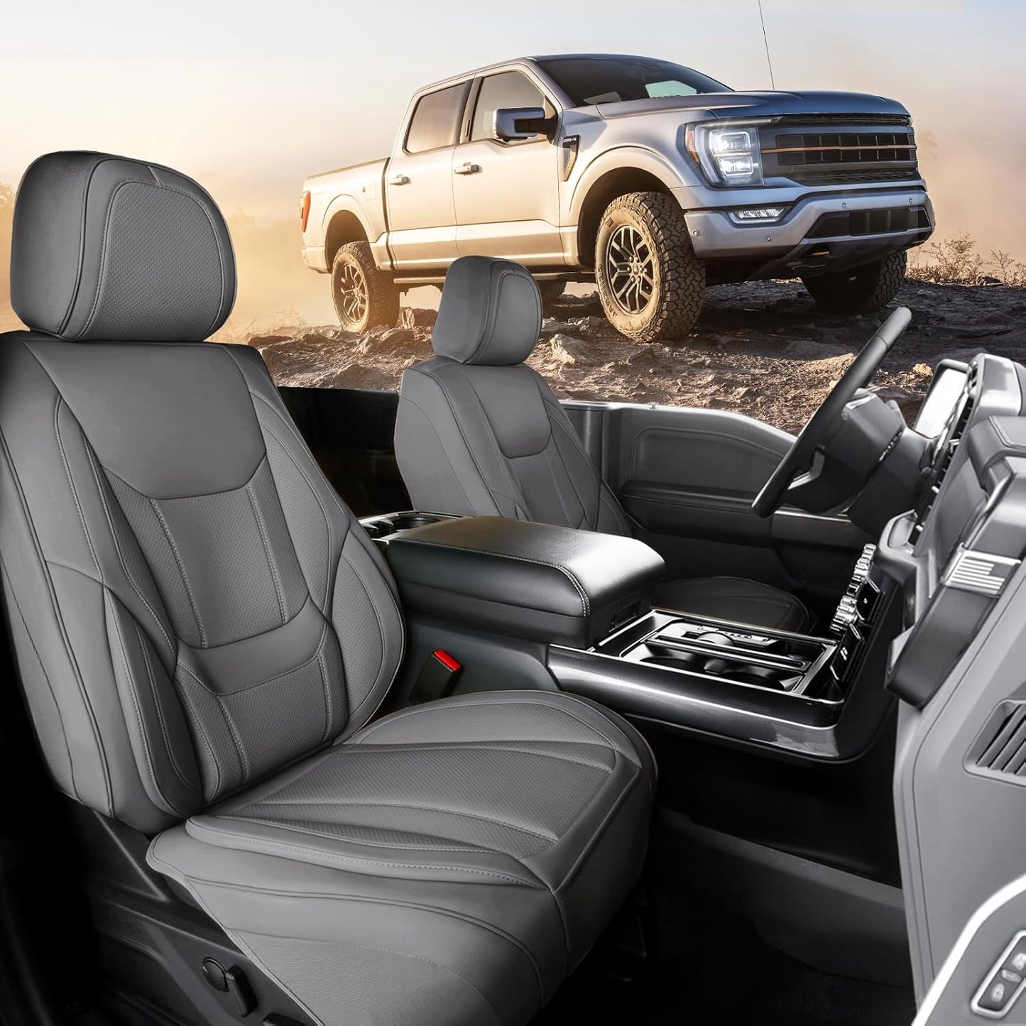 Coverland Custom Car Seat Covers Compatible with Tacoma, F150, F250, F350, Ram 1500, Silverado 1500 - Premium Leather Non-Slip Waterproof Interior Front Seat-Dark Gray [See Size Chart-Size A10]