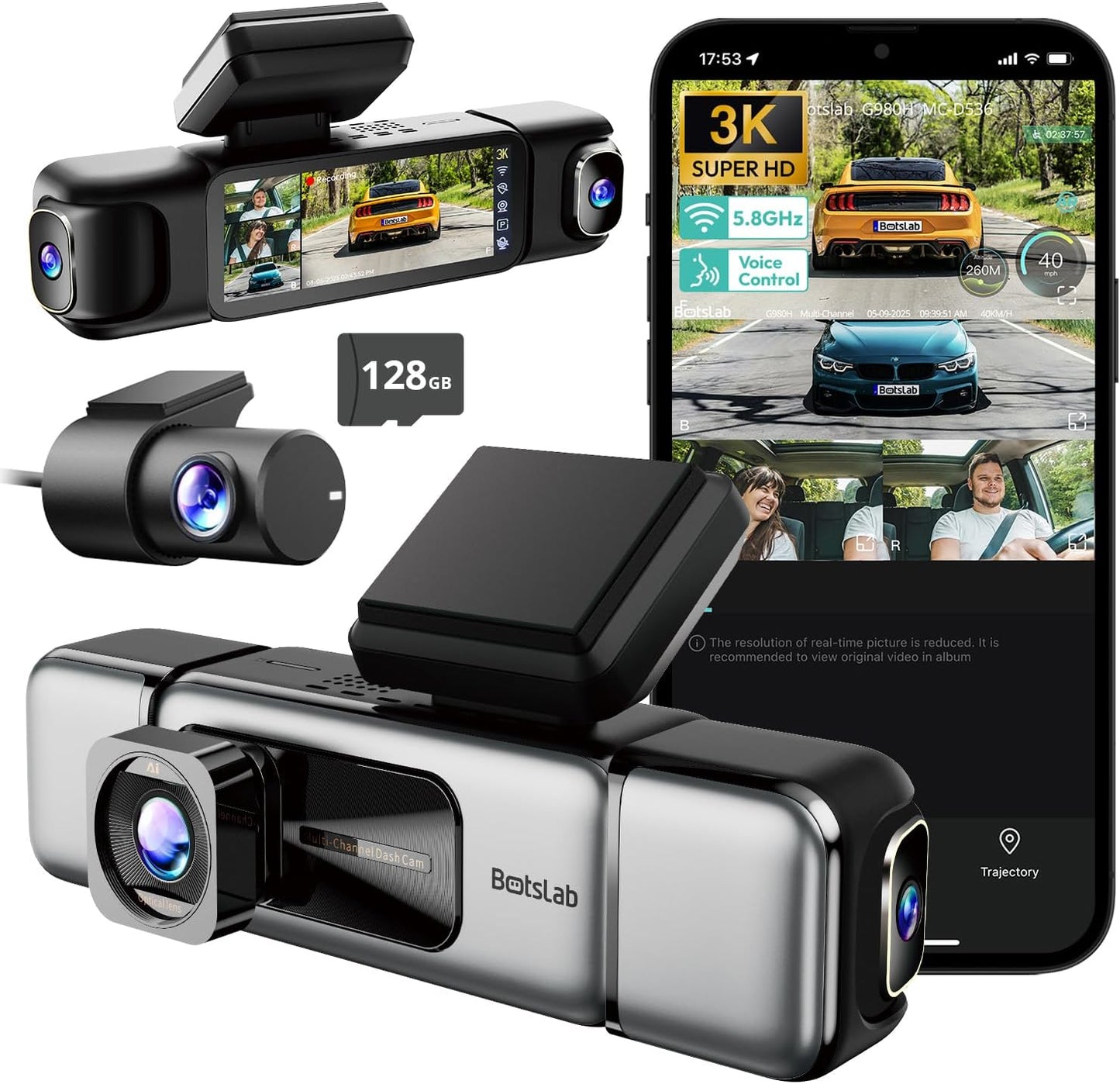 3K 4 Channel Dash Cam, 560° All-Sides View, Front and Rear Inside Car Camera with 3.18”Touch Screen, Dash Camera 24/7 Parking Mode, Built-in GPS 5.8G WiFi Night Vision Voice Control, Free 128GB Card