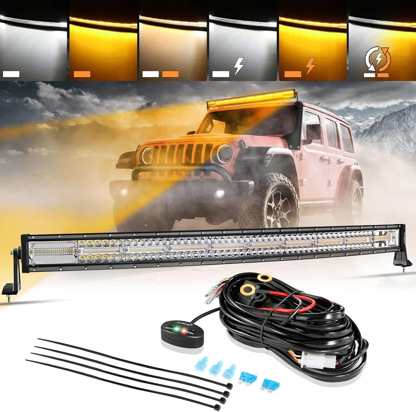 Auxbeam 42 Inch Curved LED Light Bar, 240W 6 Modes Amber White Strobe Fog Lights, Yellow Spot Flood Memory Reset Function Offroad Driving Work Ditch Light for Truck Car ATV