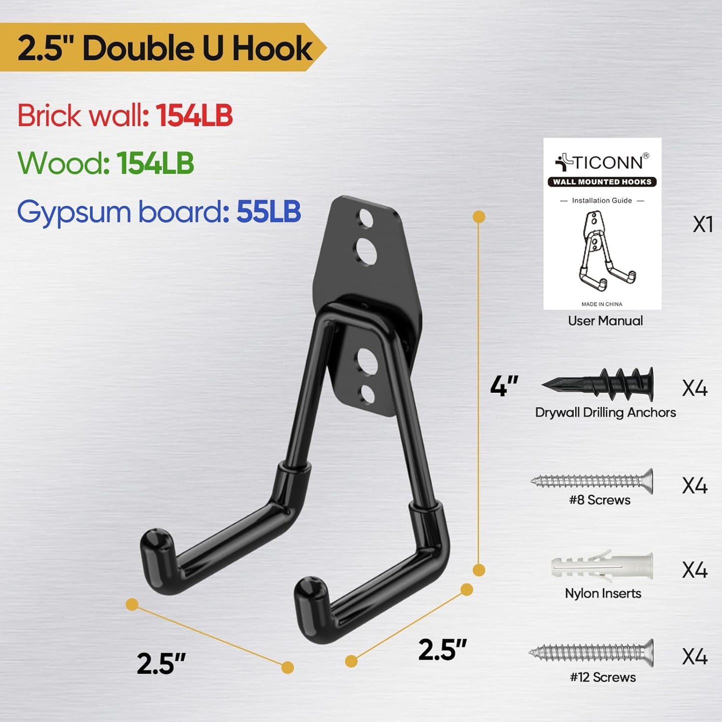 TICONN 2 Pack Heavy Duty Garage Hooks, Steel Utility Wall Storage Hooks, Wall Mount Hanger Organizer for Ladders, Bikes, Tools, Bulky Items (Small, Black Square)