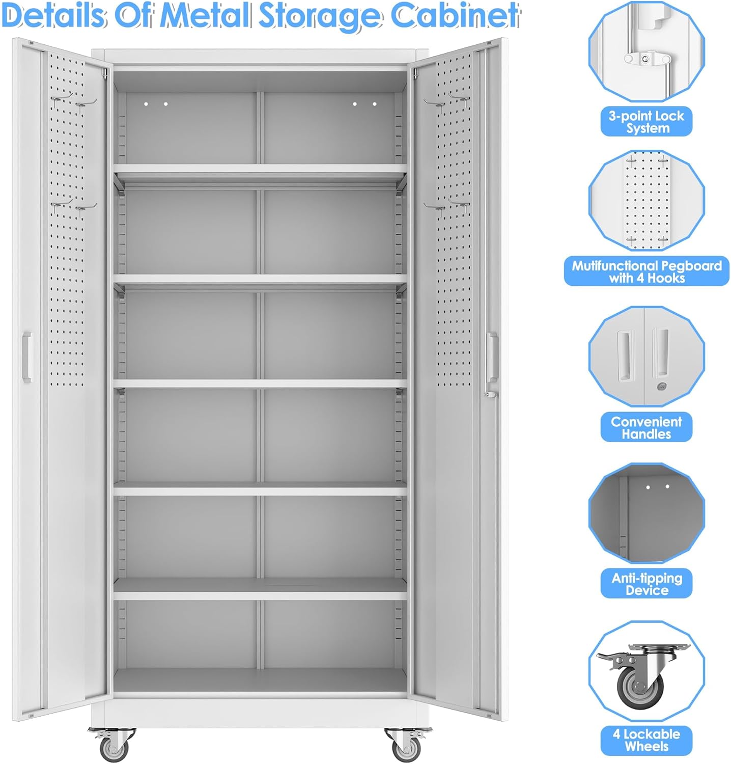 Garage Storage Cabinet with Pegboard and 5 Adjustable Shelves, 71'' x 32'' x 16''Metal Lockable Cabinet with Magnetic Doors,Tool Storage,Home Office Garage,Gym,School(White)