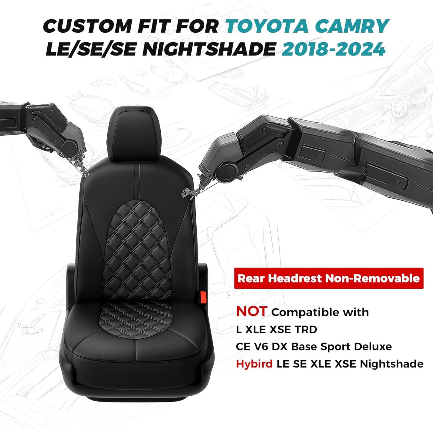 for Toyota Camry Seat Covers LE SE SE Nightshade 2018 2019 2020 2021 2022 2023 2024 - Custom Car Seat Covers Full Set, Waterproof Breathable Leather Seat Covers for Cars, Black Not for Hybrid