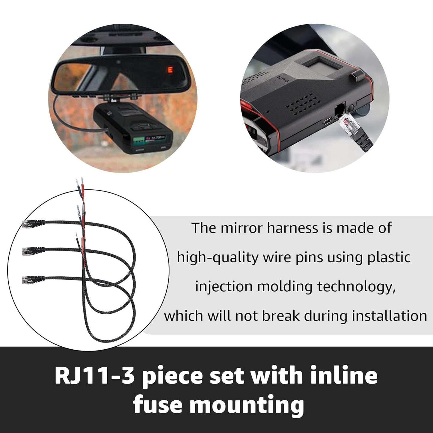 16.5" Radar Detector Hardwire Power Cord Mirror Wire Plug Tap Set (3-Piece Set) - Compatible with Uniden Valentine One Escort & Beltronics Radar Detectors,Inline Fuse Mount (RJ11)