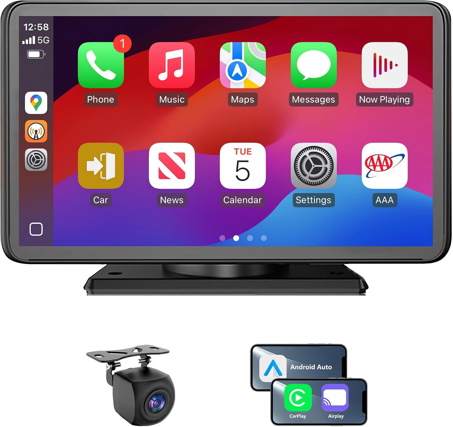 Portable Apple Carplay/Android Auto Screen for Car, 7 Inch HD Touch Screen Wireless Car Play with Backup Camera, Voice Control, BT, FM, Mirror Link for All Vehicle