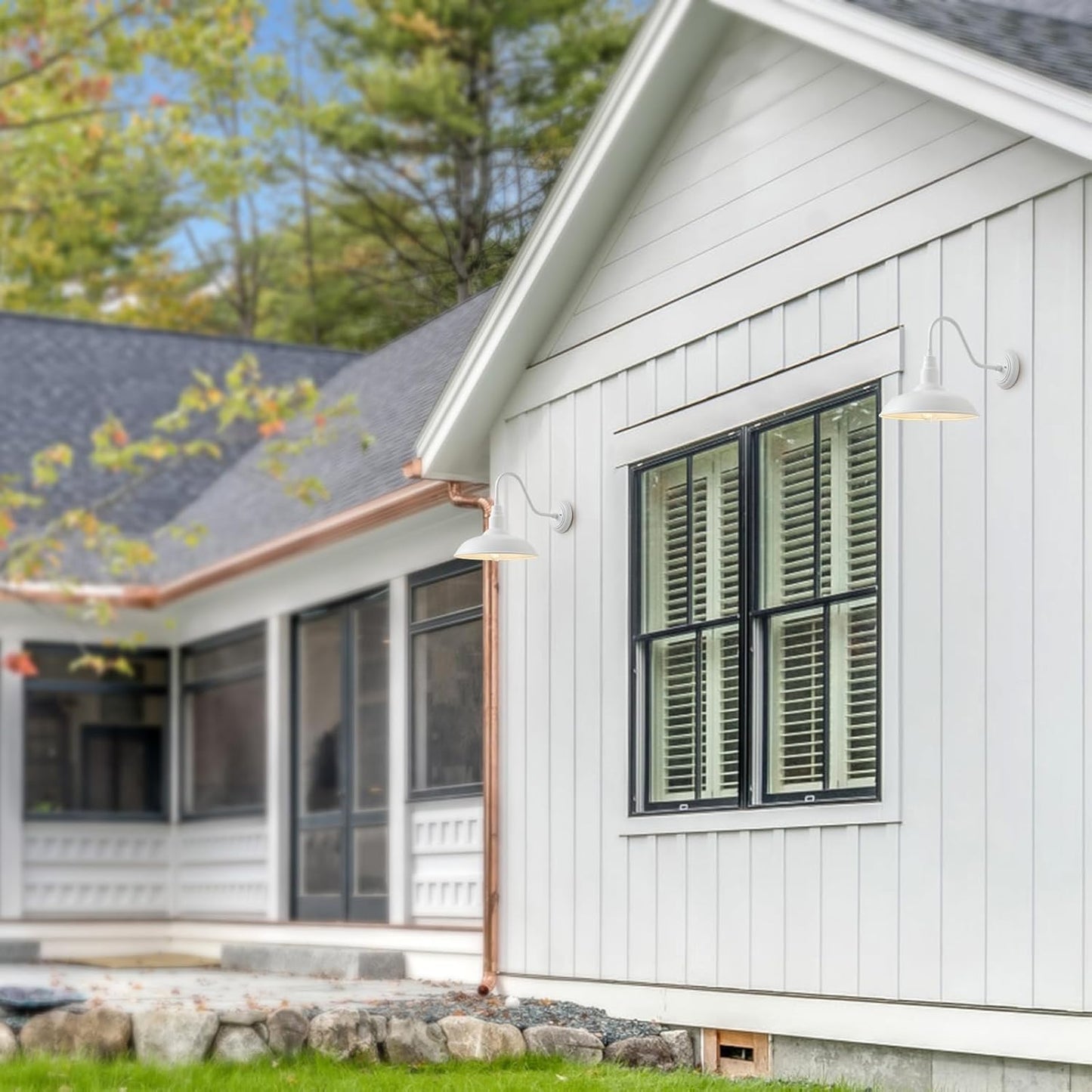 14 Inch Dome Outdoor Gooseneck Barn Light Fixture for Farmhouse, White Exterior Goose Neck Wall Mount Lights for Porch, Barn Style Wall Sconce Lighting for Patio, Garage