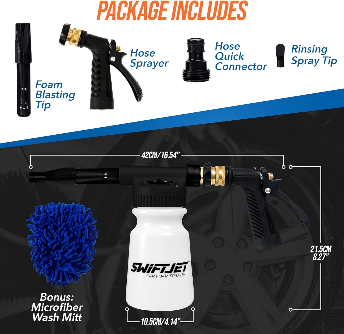 SwiftJet Car Wash Foam Sprayer Gun with Microfiber Wash Mit - Adjustable Water Pressure & Soap Ratio Dial - Foam Cannon Attaches to Any Garden Hose (Foam Sprayer with Wash Mit (Black))