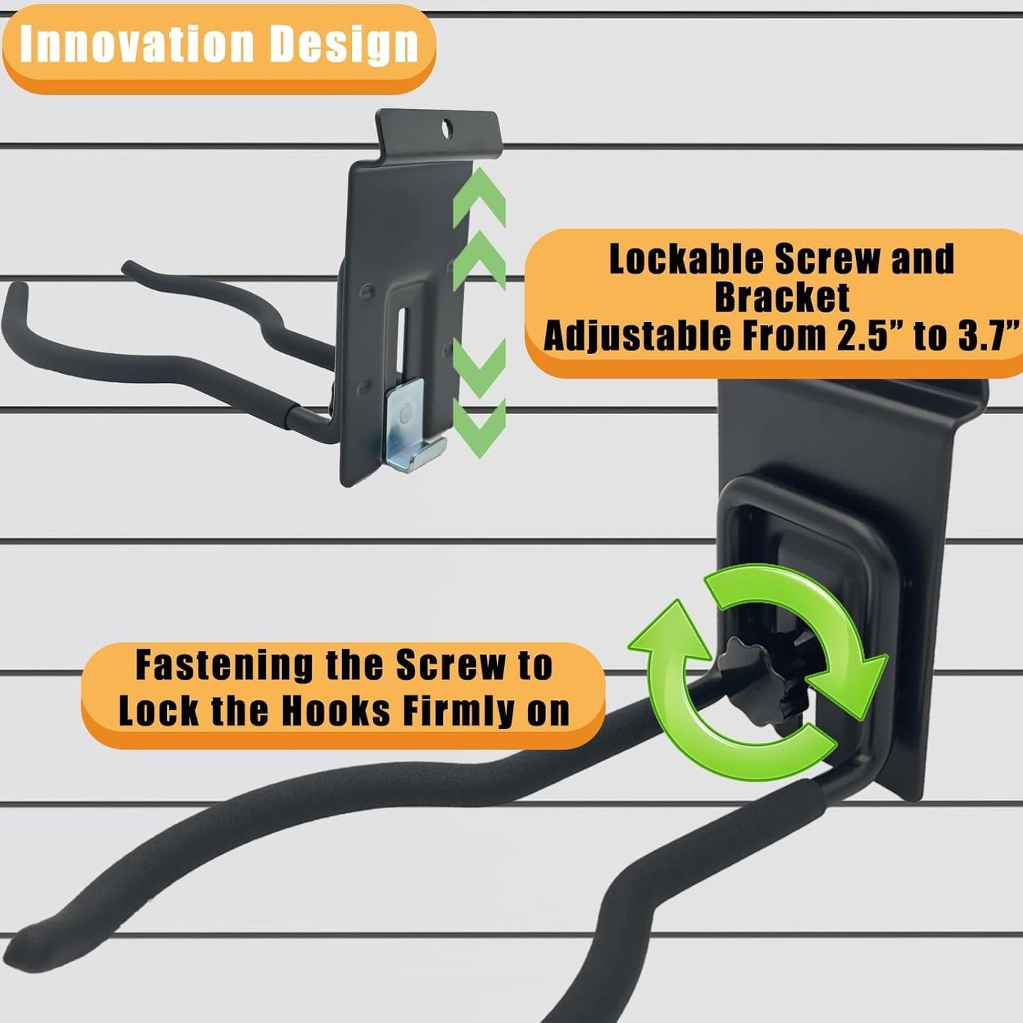 Adjustable Slatwall Hooks, Lockable Slatwall Weedeater Hanger, String Trimmer Hanger, Power Tool Hanger for slatwall Accessories, Utility Hooks for Garage Storage 8"" 2 Pcs, Black