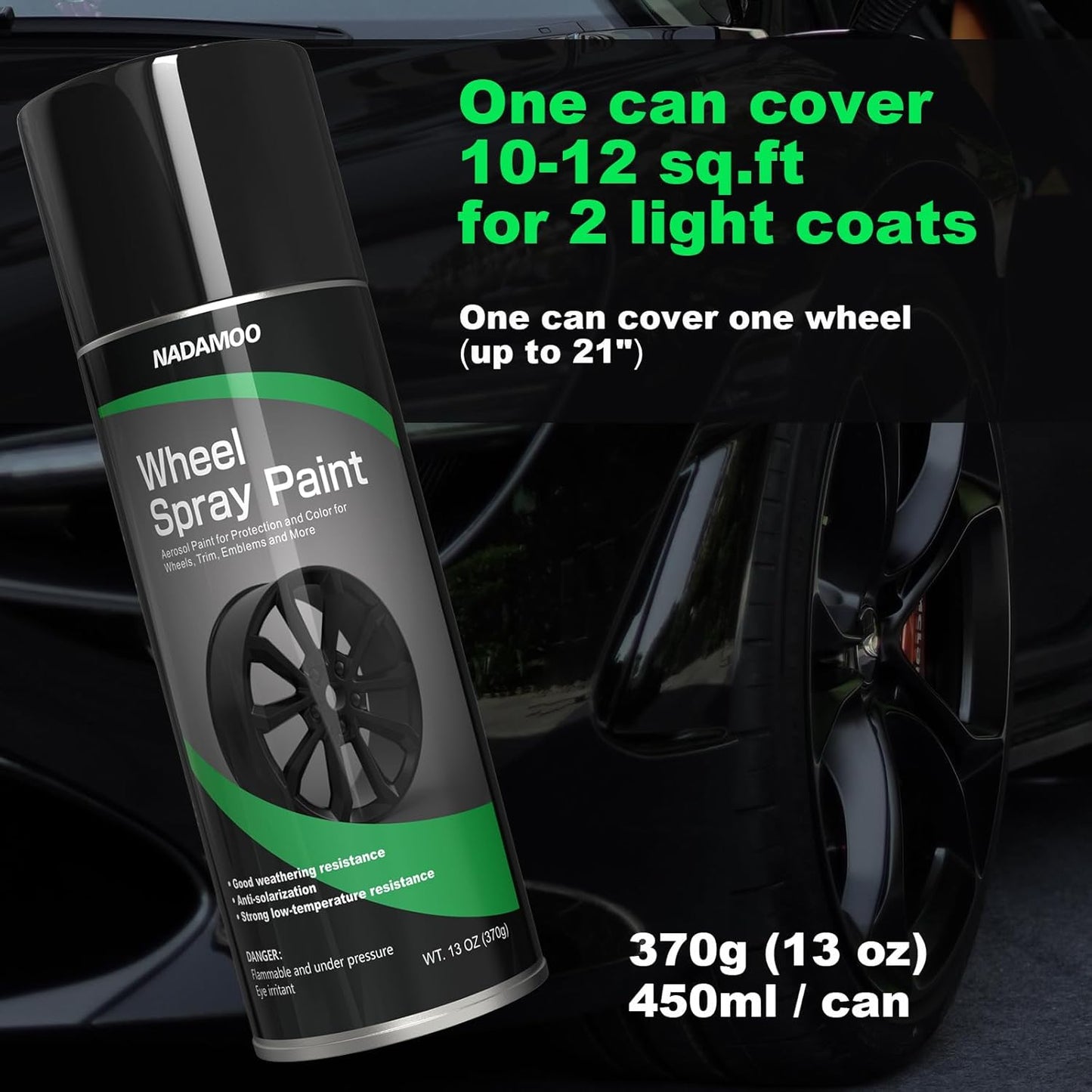 NADAMOO Aluminum Wheel Spray Paint, Car Rim Aerosol Paint for Recolor and Protection of Metal Surface, Semi-gloss Black, 1 Can, 13 Oz