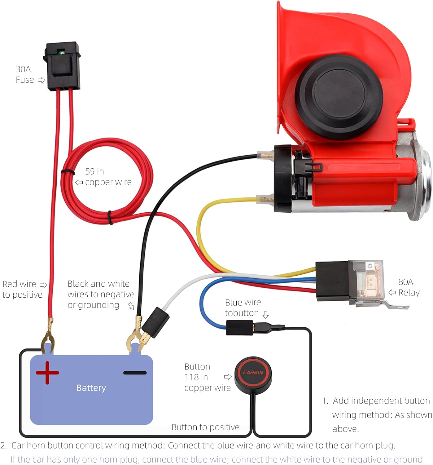 Train Horns kit for trucks,Air Horn for Motorcycle,Train Sound Car Horn Kit 12V Super Loud Electric Bull Horn(red horn with wire and button, 12v)