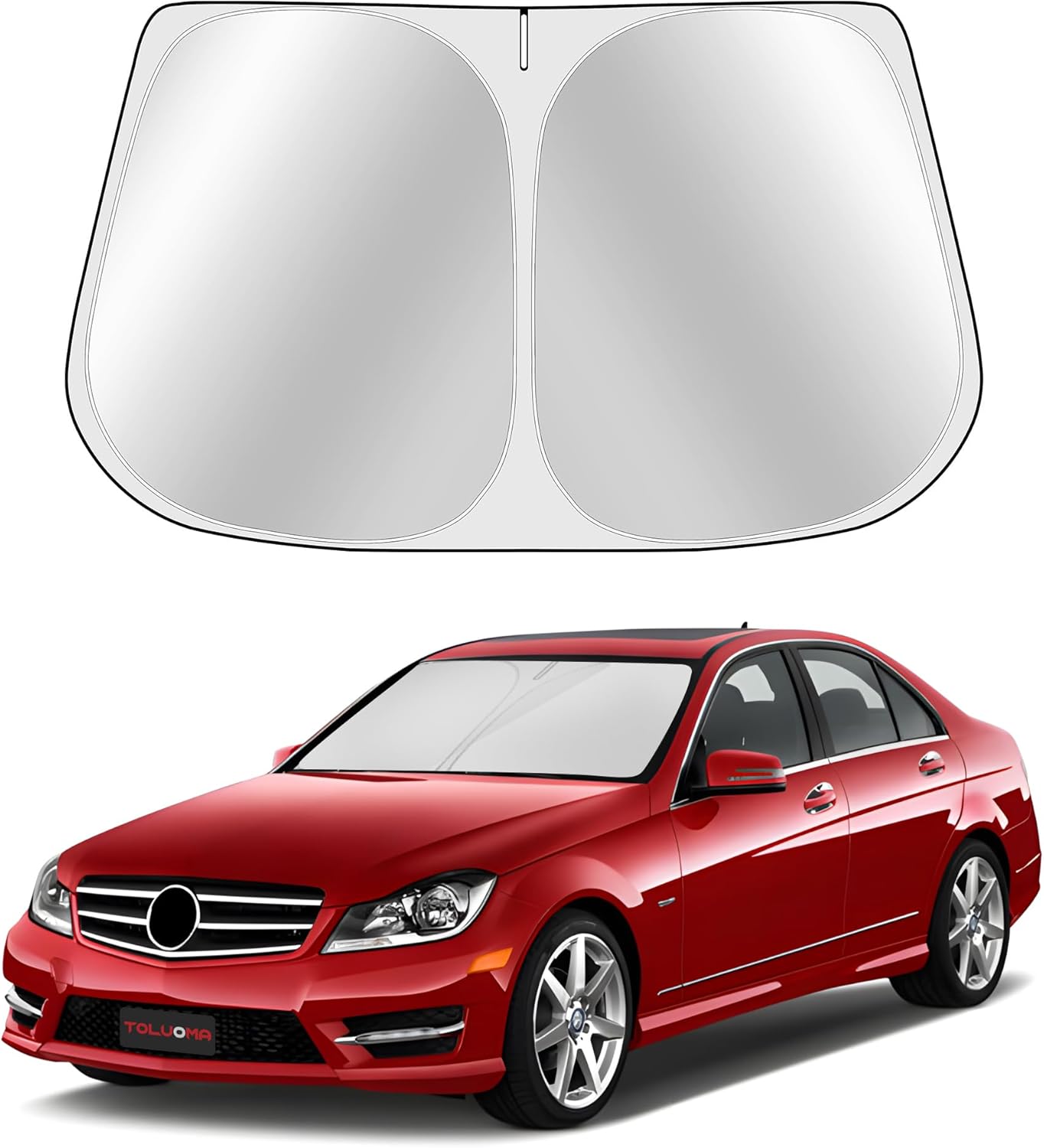 Custom Fit Windshield Sun Shade for Benz C-Class 2008-2014 - Full Coverage, 210T Reflective Fabric, Double-Layer Design - Blocks 99% UV Rays, Keeps Car Cool, Easy to Install and Store