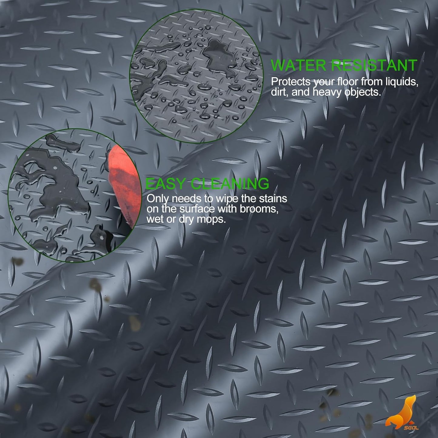 SEAL 5 x 15 Ft Premium Garage Floor Mat, Solid 2.8mm Thick Gray Commercial Grade Heavy Duty Parking Mat for Garage Floor, Golf Cart Parking, Water/Stain Resistant Floor Runner (Embossed Diamond Plate)